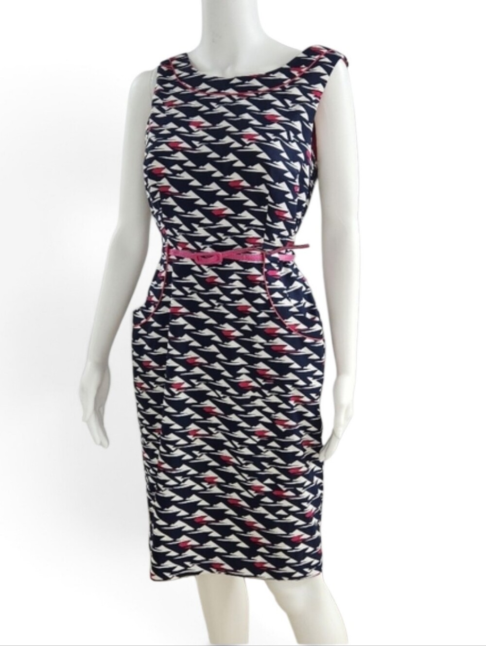 London Times Size 6 Nautical Sailboat Sheath Dress Navy Pink Belted
